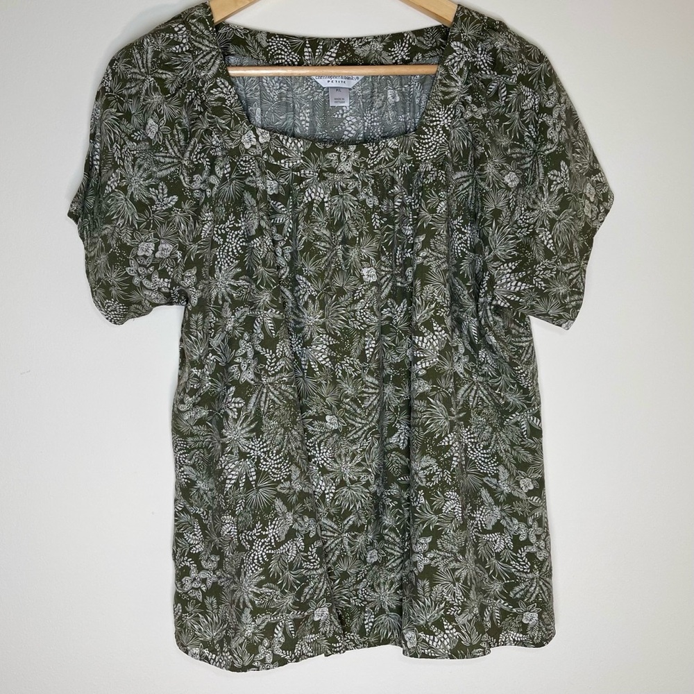Christopher & Banks | Petite Green Botanical Print Square Neck Blouse | PXL